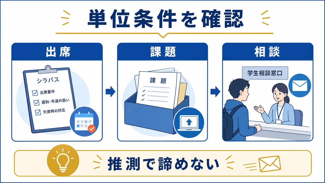 大学生が単位条件として出席、課題、相談先を確認する図