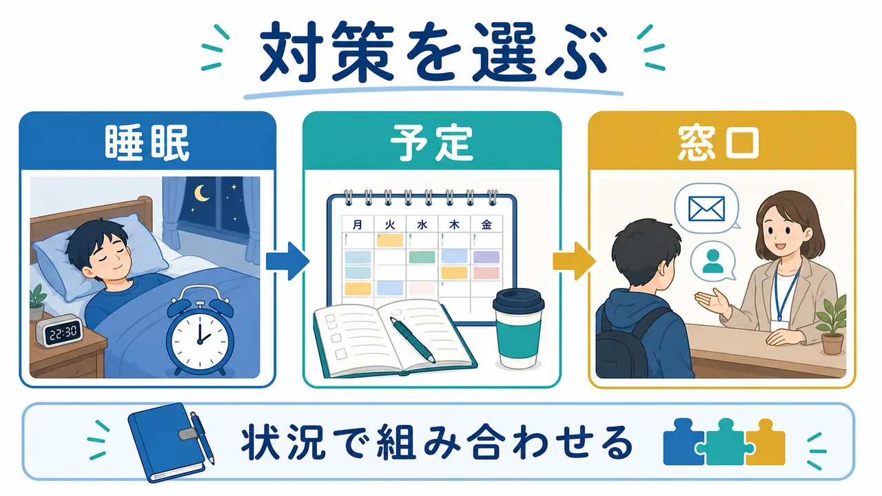 大学生が朝起きられないときの睡眠、予定、窓口の対策を比べる図