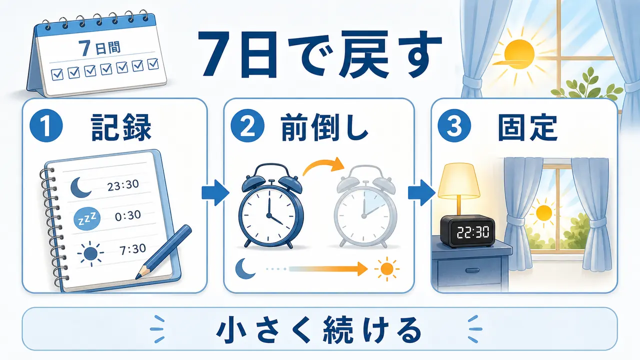 大学生が朝起きられない生活リズムを7日で立て直す手順の図