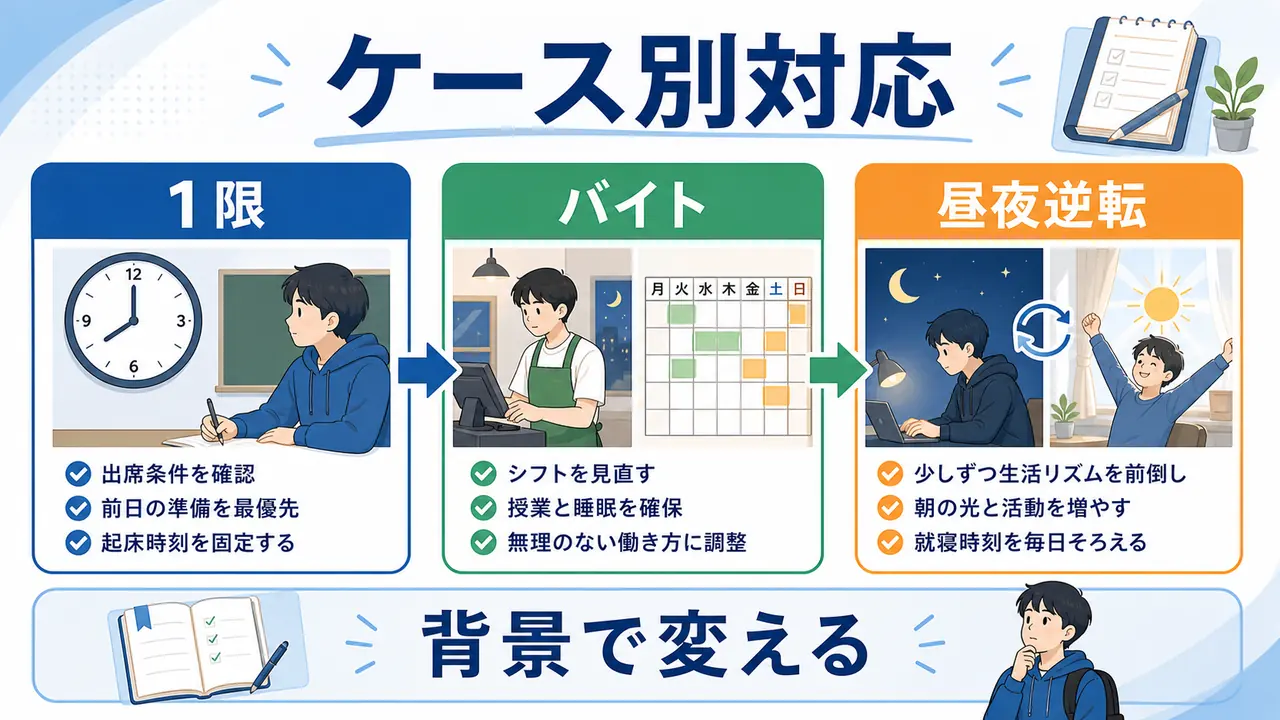 1限、アルバイト、昼夜逆転のケース別に朝起きられない対策を分ける図