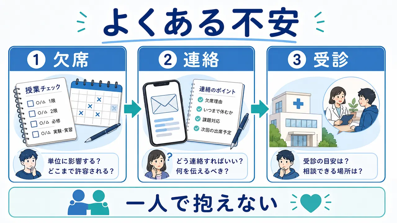 朝起きられない大学生の欠席、連絡、受診に関するよくある不安を整理する図