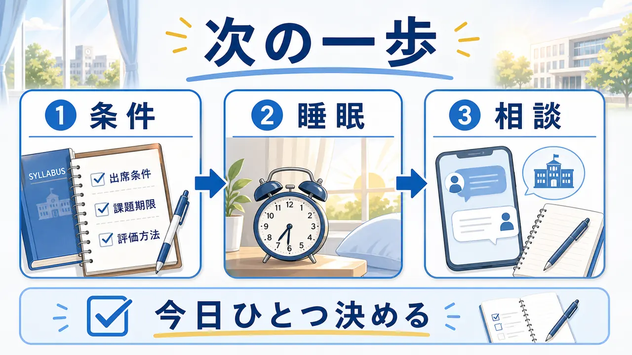 大学生が朝起きられない不安を条件、睡眠、相談の三つで整理する図
