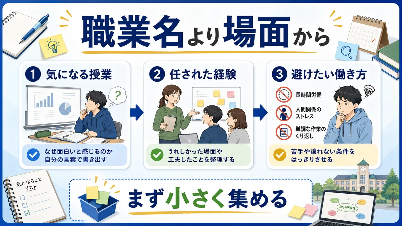 大学生が職業名より、気になる授業、任された経験、避けたい働き方から考える図