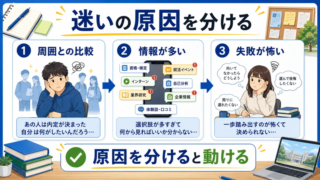 大学生がやりたいことに迷う原因を、周囲との比較、情報の多さ、失敗への不安に分ける図