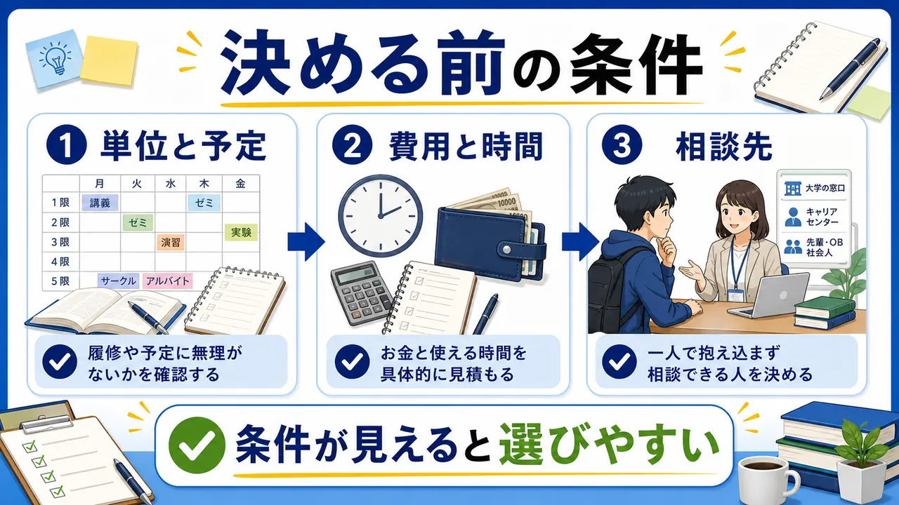 大学生が進路を決める前に、単位と予定、費用と時間、相談先を確認する図