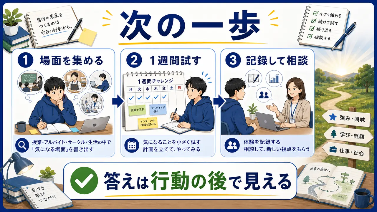 大学生がやりたいことを見つけるために、場面を集め、1週間試し、記録して相談する流れの図