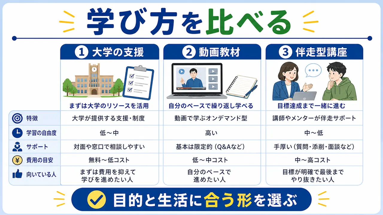 大学生がオンライン講座の学び方を、大学の支援、動画教材、伴走型講座で比較する図