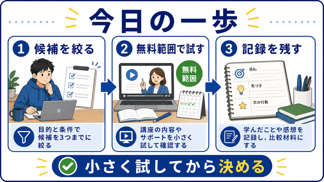 大学生がオンライン講座を選ぶために、候補を絞る、無料範囲で試す、記録を残す流れを示した図