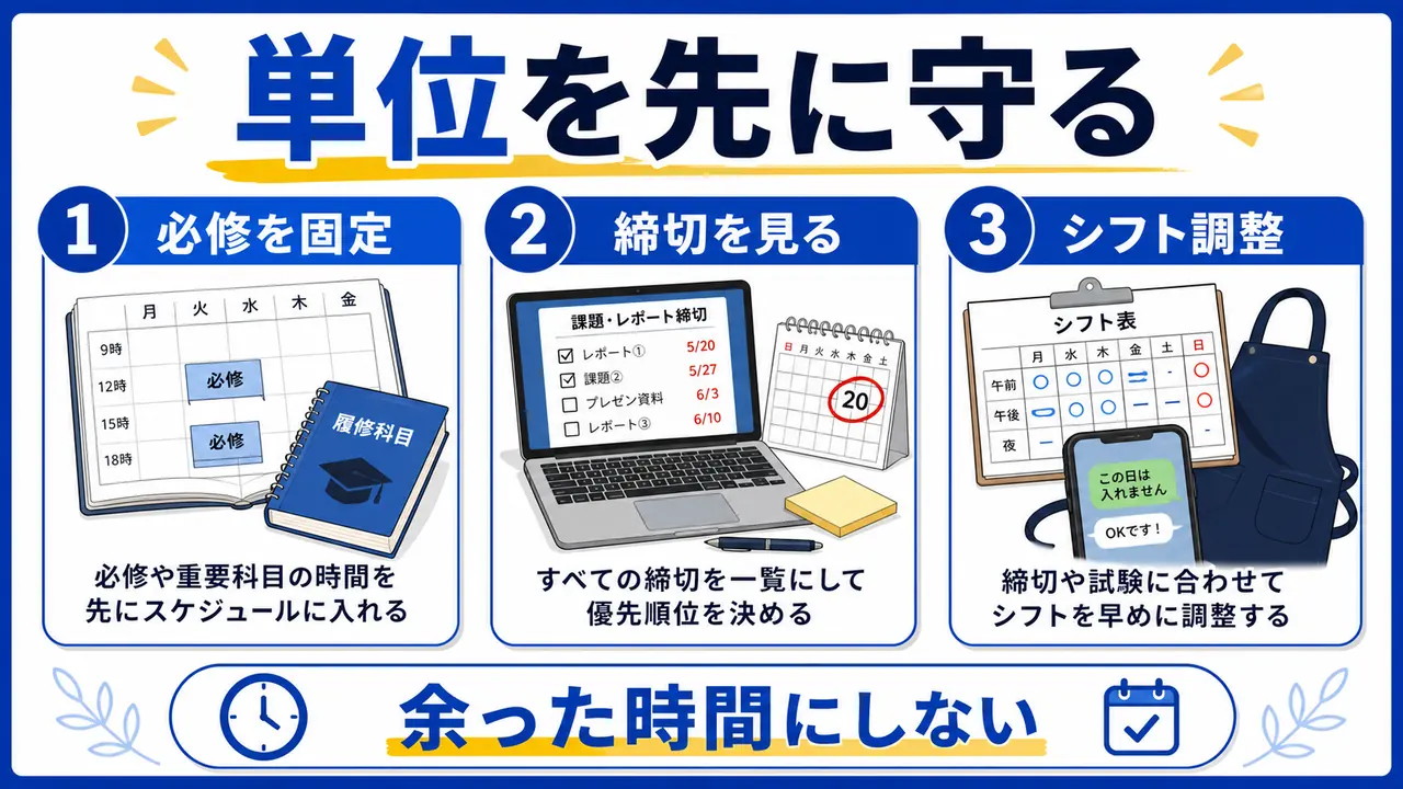 バイトと単位と課題の優先順位を整理する図