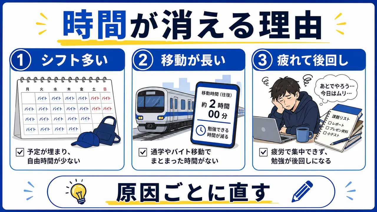 シフト、移動、疲れ、課題量を分ける図