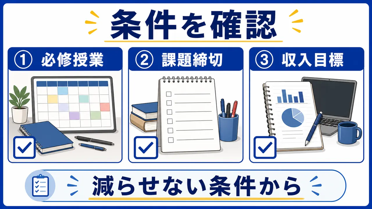 必修、出席、課題、収入目標を確認する図