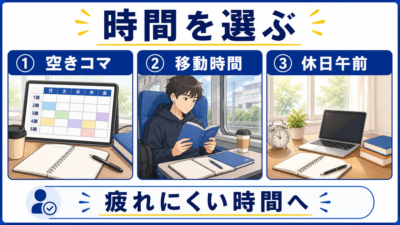 空きコマ、移動時間、休日、夜の勉強を比較する表の図