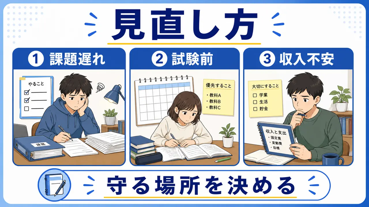 課題遅れ、試験前、収入不安のケース別に見直す図