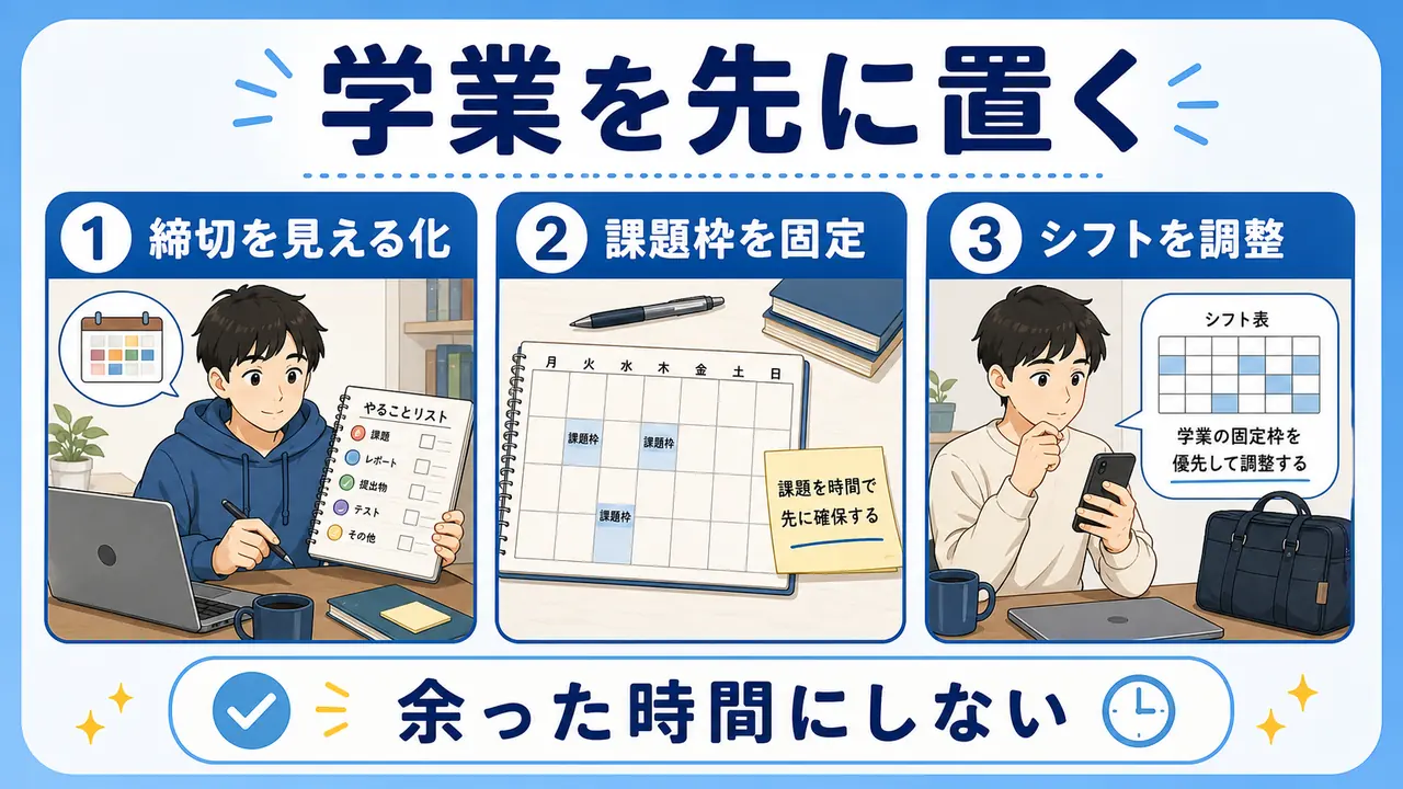 学業の固定枠を先に置く時間割の図