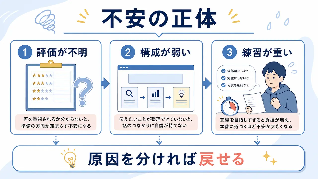 プレゼンの不安を評価の不明さ、構成の弱さ、練習負担に分ける図