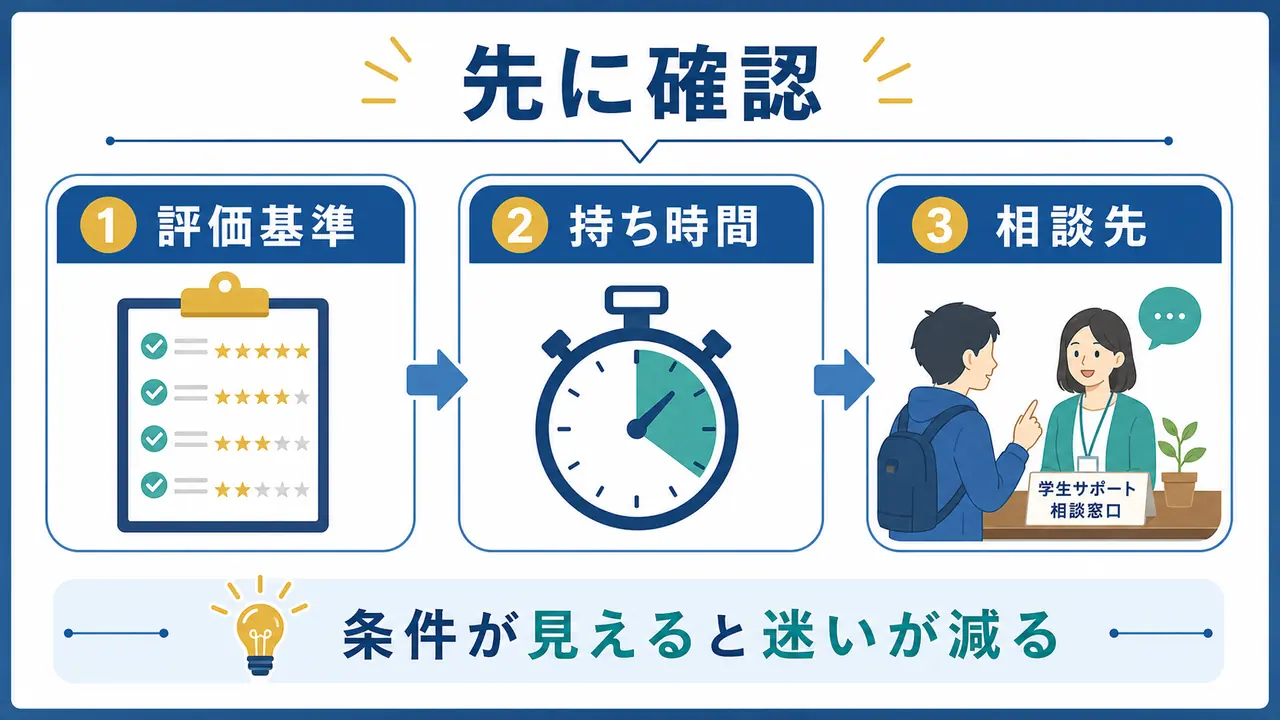 発表前に評価基準、持ち時間、相談先を確認する図