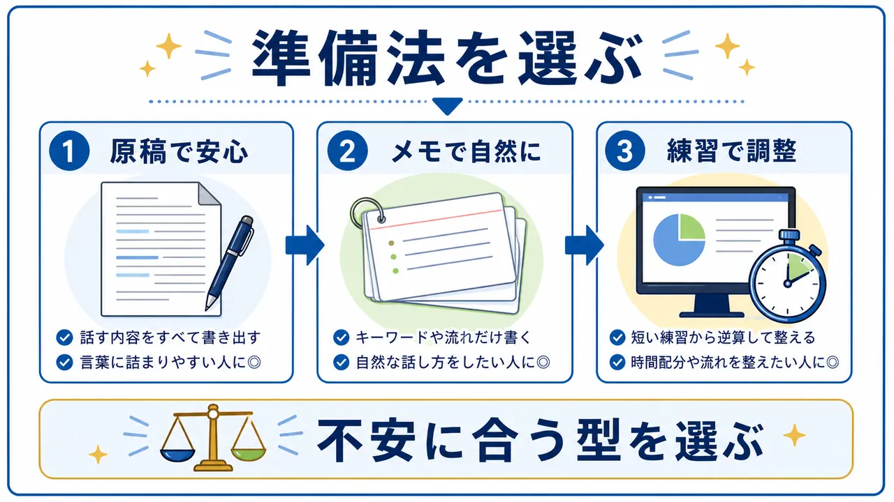 プレゼン準備方法を原稿、メモ、練習に分けて比較する図
