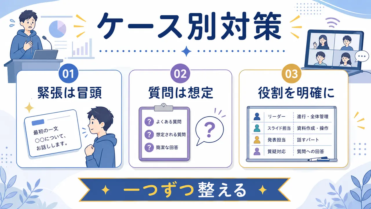 緊張、質問、グループ発表の不安をケース別に対処する図