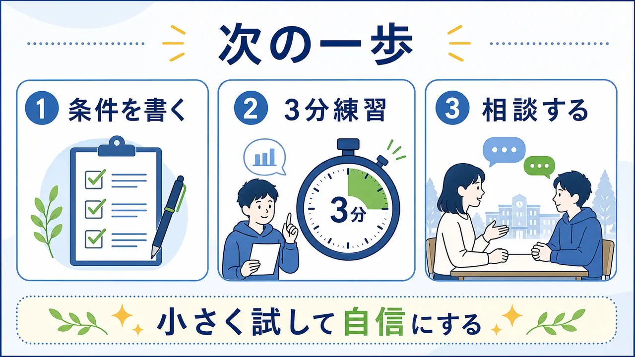 発表前に条件を書く、3分練習する、相談する次の一歩を整理する図