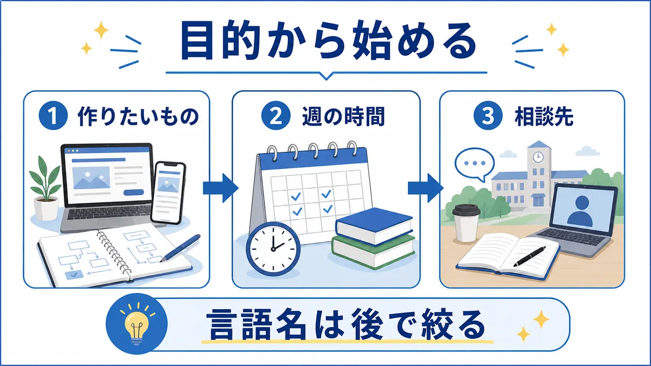 大学生がプログラミング学習を目的、週の時間、相談先から決める図