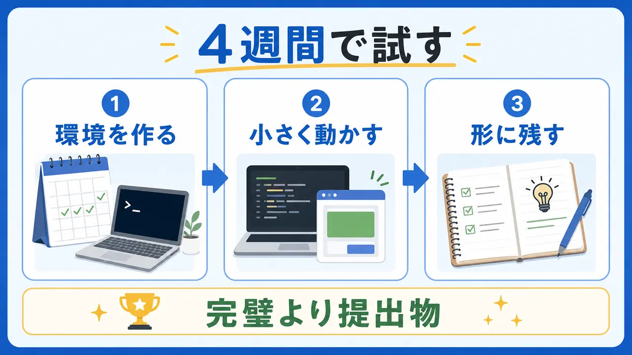 プログラミング学習を4週間で環境づくり、基礎、制作、振り返りに分ける図