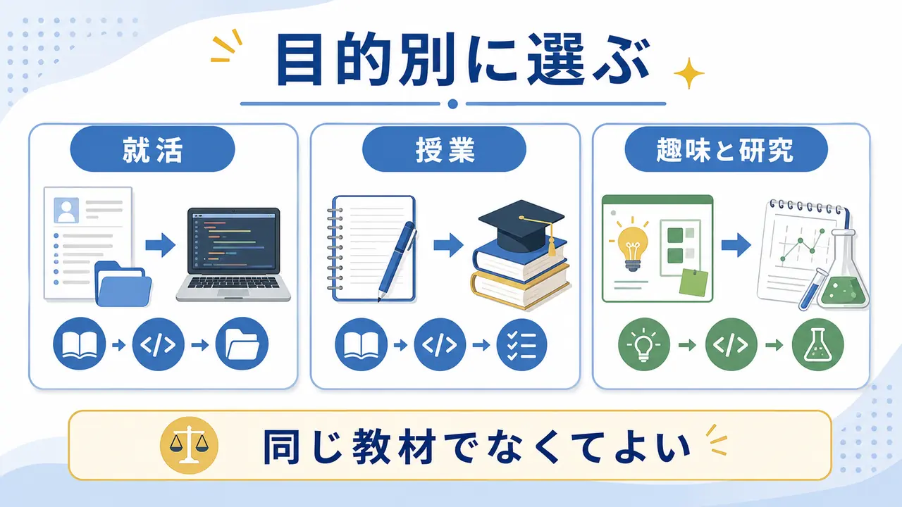 就活、授業、研究、趣味の目的別にプログラミングの始め方を分ける図
