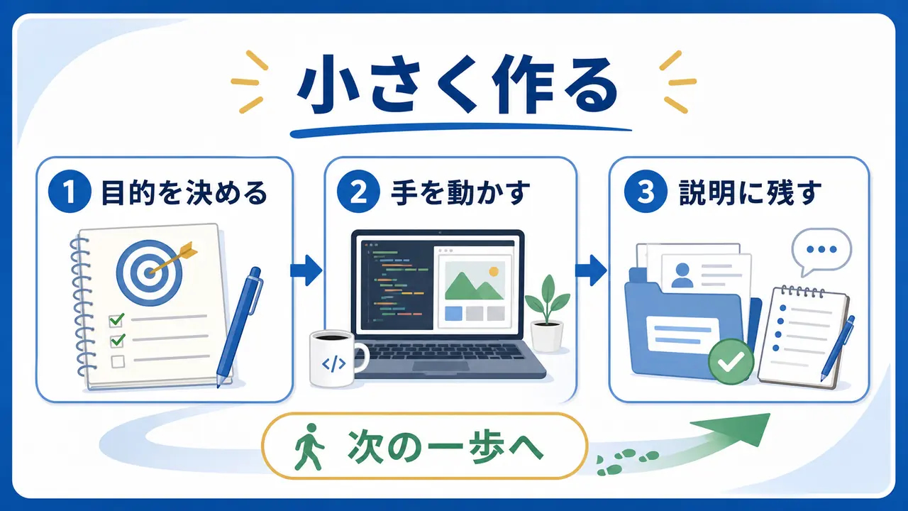 大学生がプログラミング学習を目的、実践、説明に分けて次の一歩へ進む図
