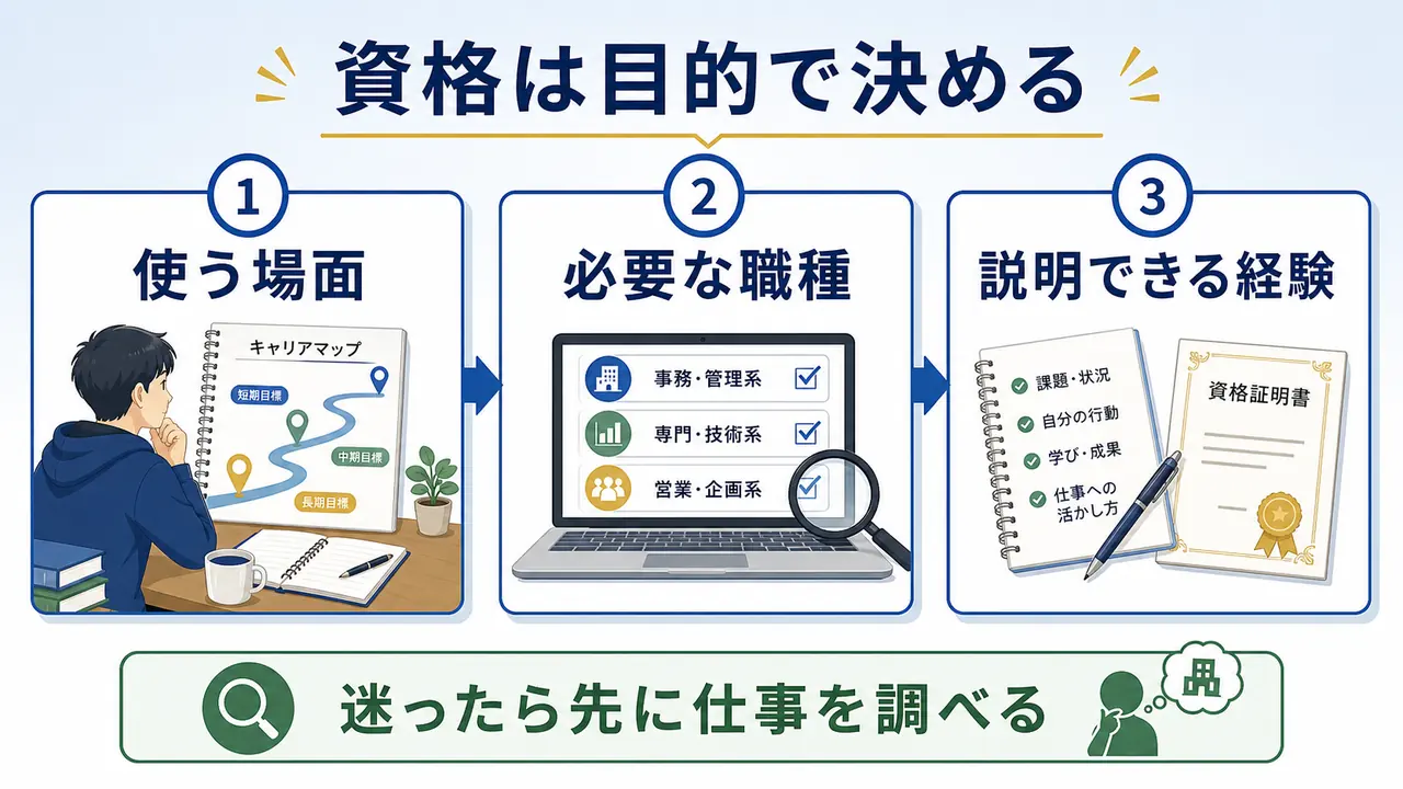 大学生が資格の必要度を、使う場面、必要な職種、説明できる経験で考える図
