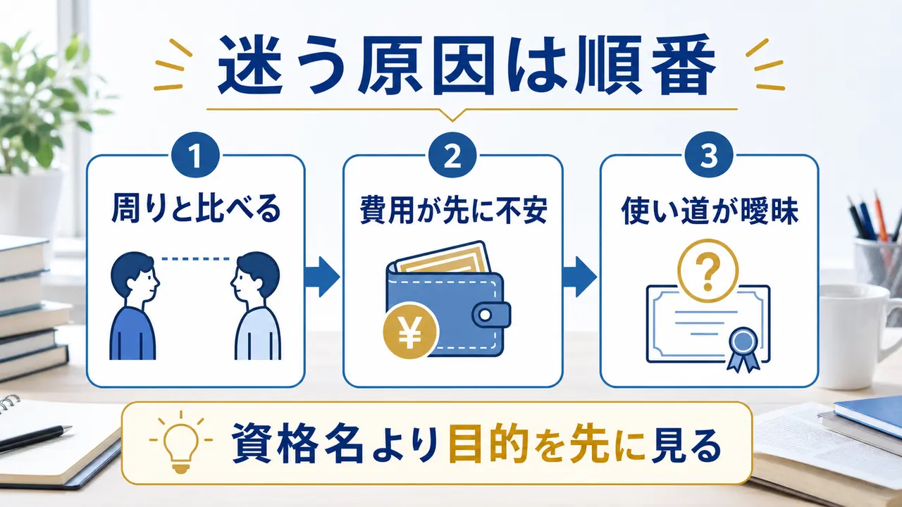 大学生が資格選びで迷う理由を、周りとの比較、費用不安、使い道の曖昧さで整理した図