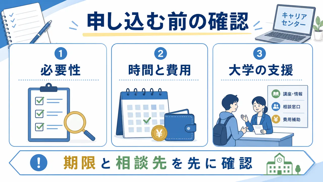 大学生が資格へ申し込む前に、必要性、時間と費用、大学の支援を確認する図