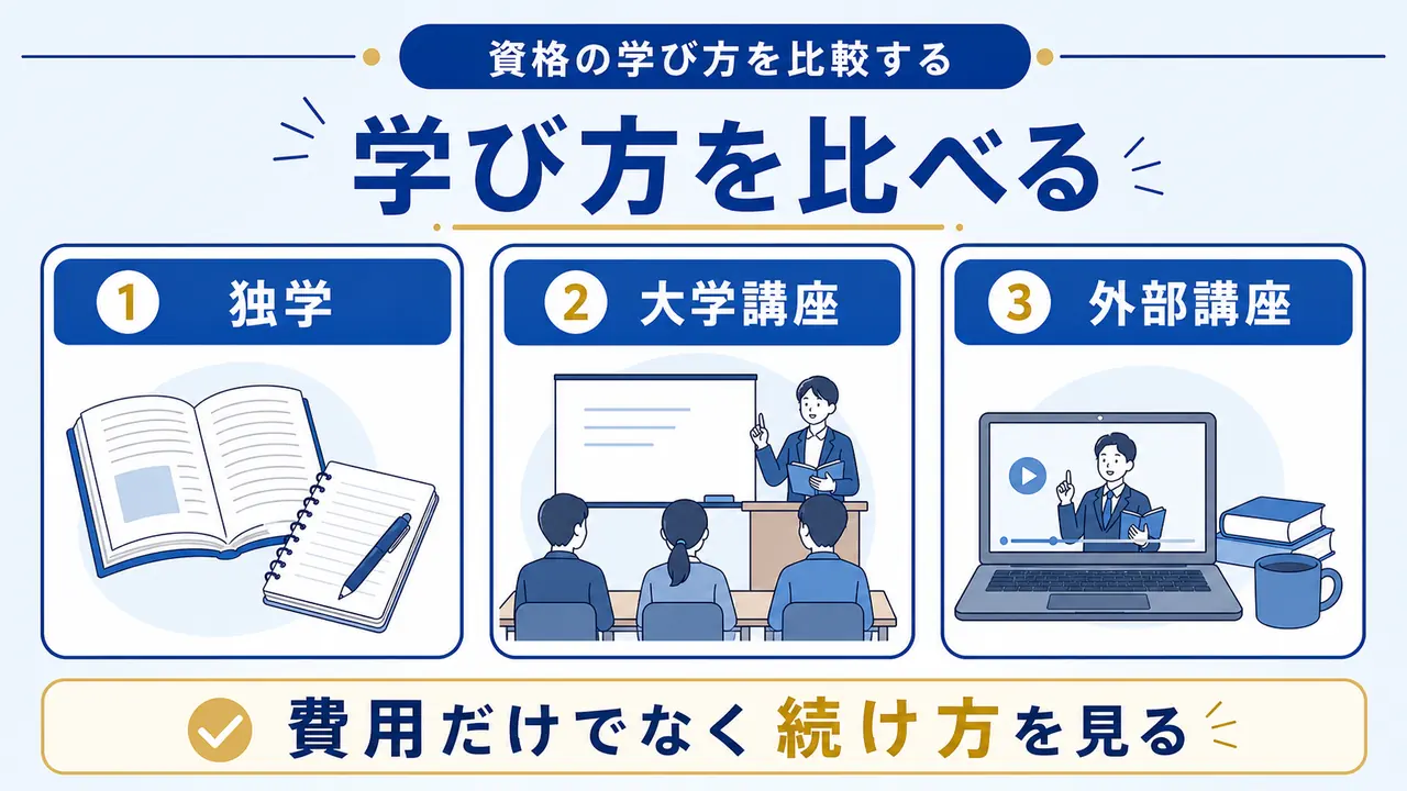 大学生が資格の学び方を、独学、大学講座、外部講座で比較する図