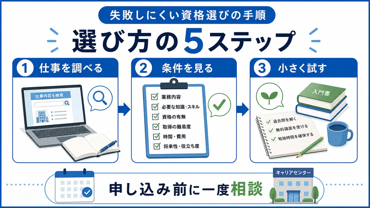 大学生が資格選びで、仕事を調べる、条件を見る、小さく試す手順を進める図