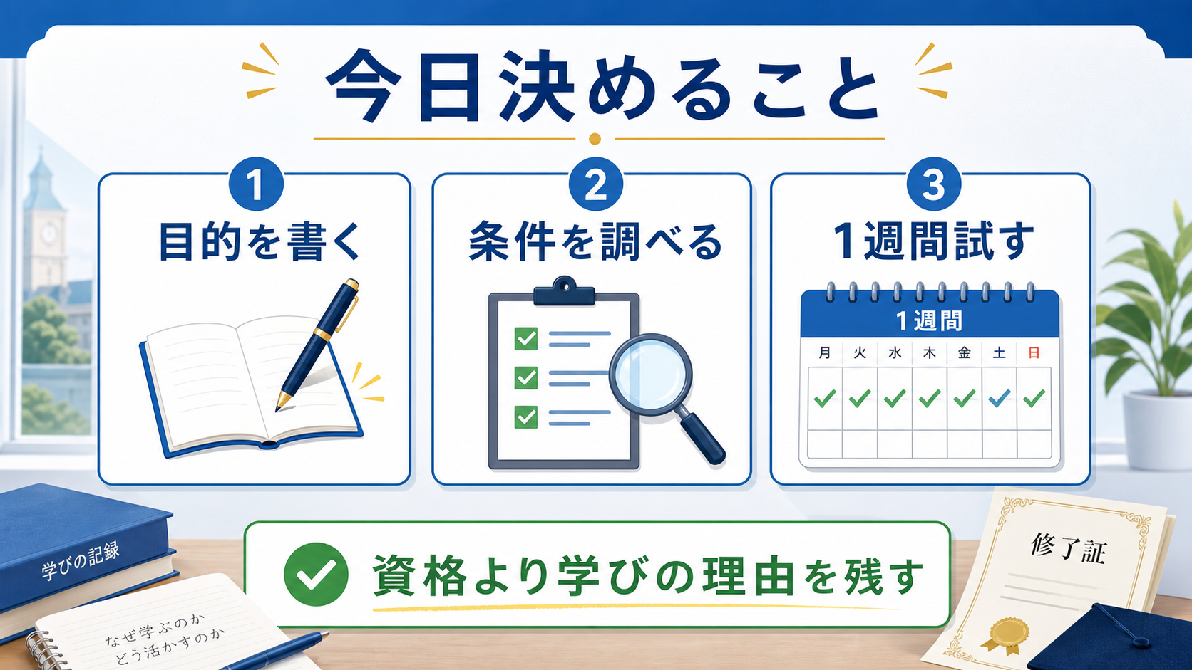 大学生が資格選びで、目的を書く、条件を調べる、1週間試すことを決める図