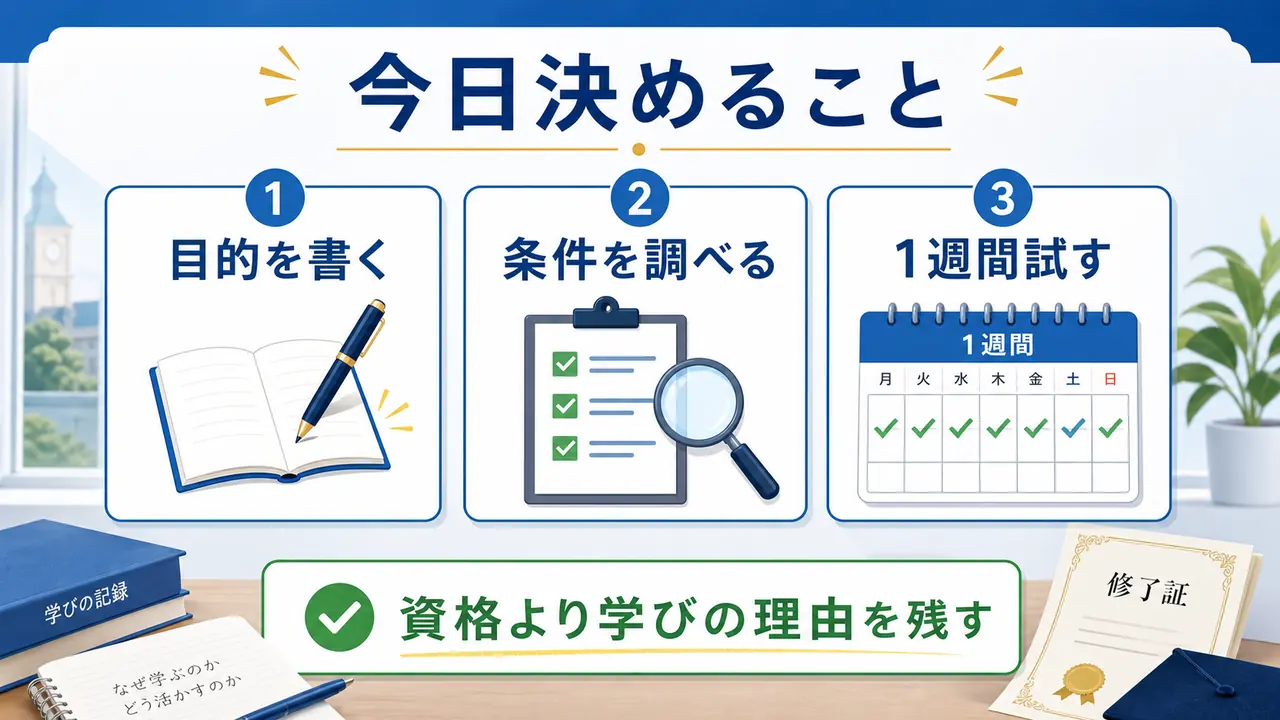 大学生が資格選びで、目的を書く、条件を調べる、1週間試すことを決める図