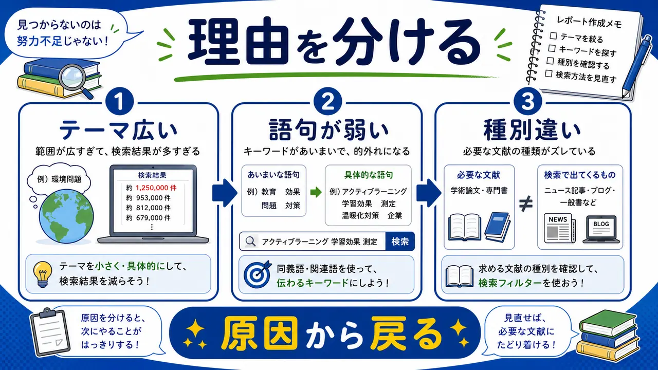 テーマが広い、検索語が弱い、資料種別が違う理由を分ける図