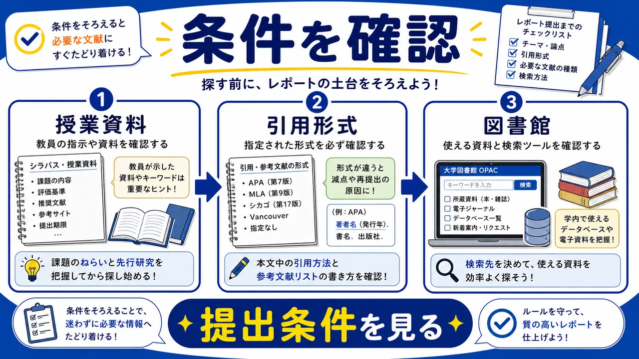 授業資料、引用形式、提出条件、図書館を確認する図