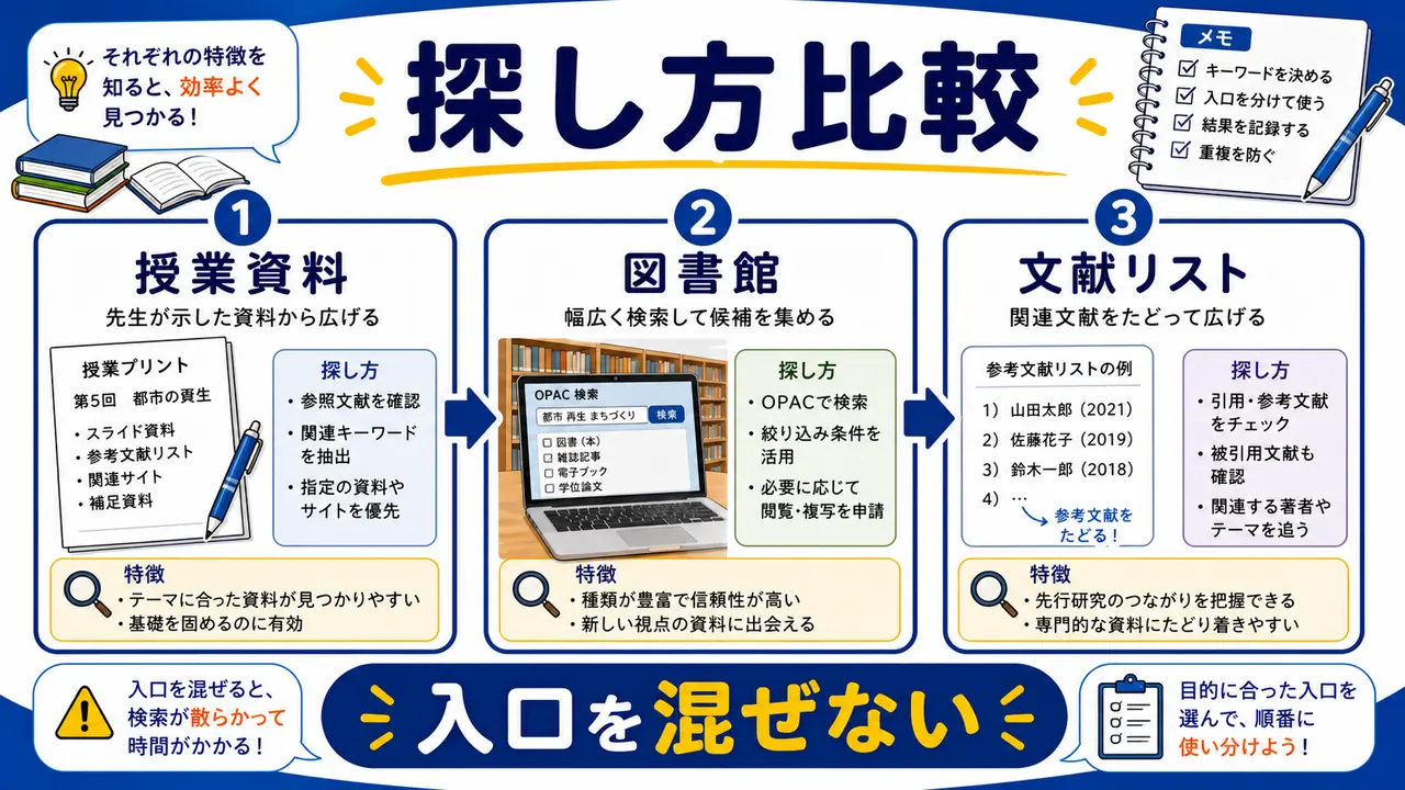 授業資料、図書館、論文検索、参考文献リストを比べる図