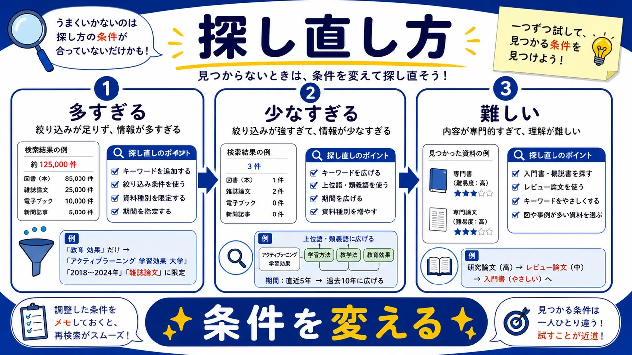 資料が多すぎる、少なすぎる、古い、難しいケースを整理する図