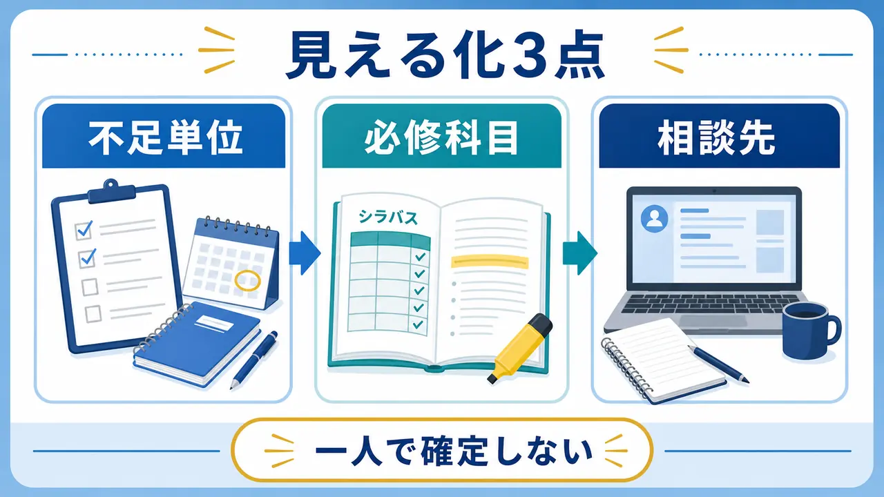 留年不安を不足単位、必修科目、相談先に分けて見える化する図