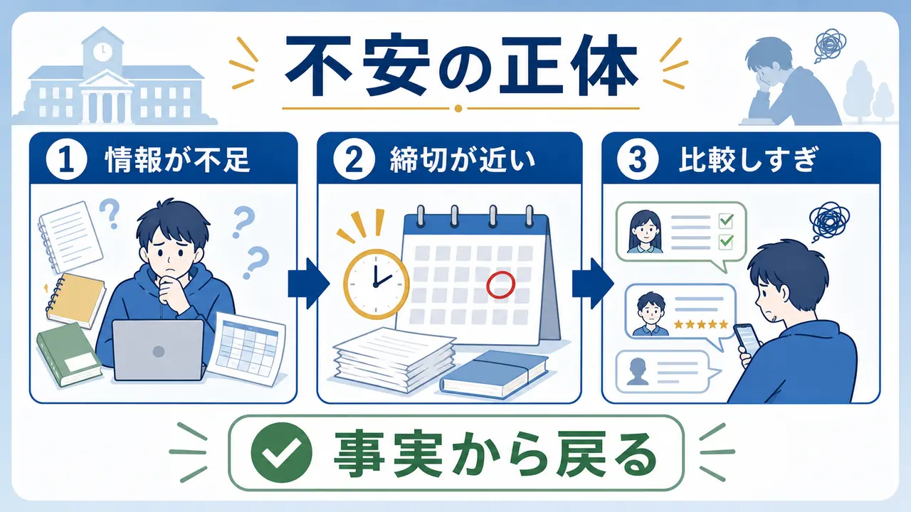 留年不安が大きくなる理由を情報不足、締切、比較に分ける図
