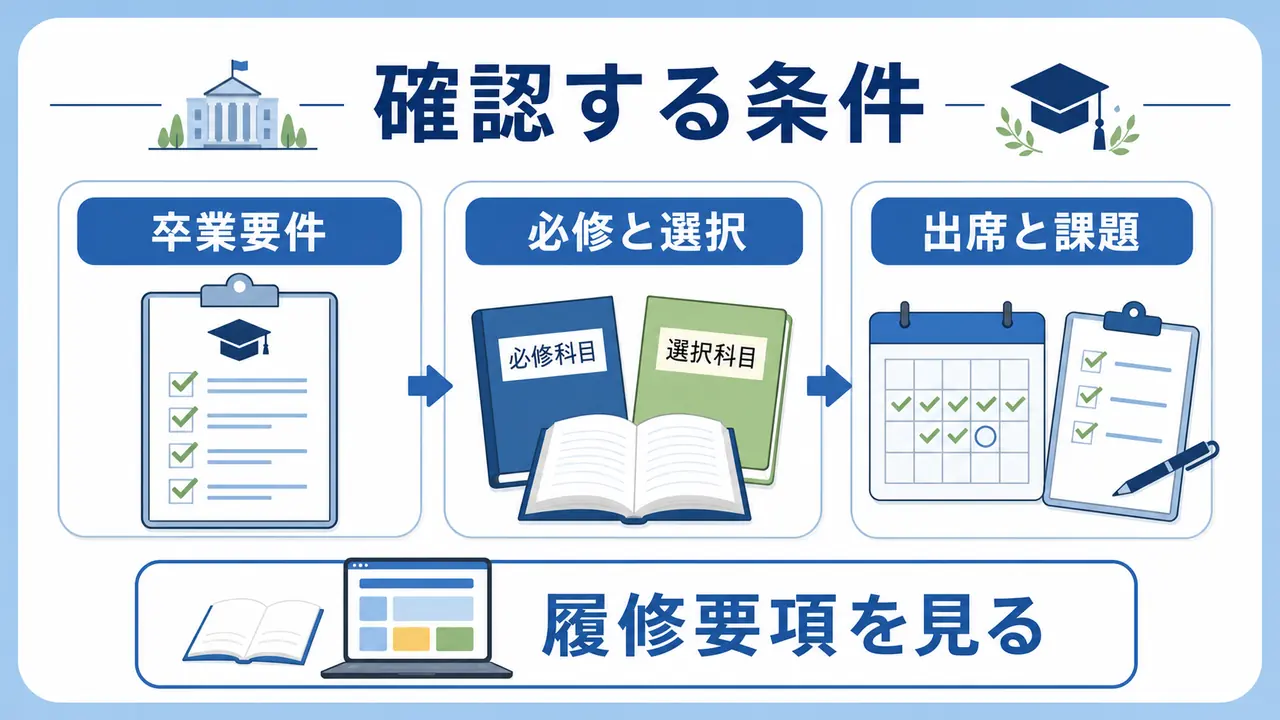留年不安で確認する卒業要件、必修と選択、出席と課題を整理する図