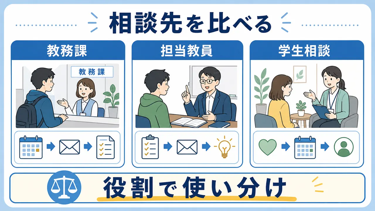 留年不安の相談先を教務課、担当教員、学生相談に分けて比べる図