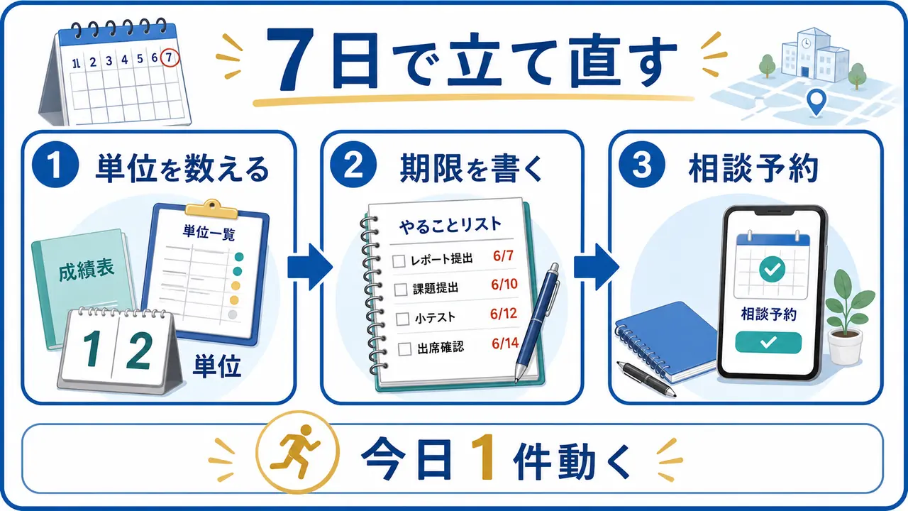 7日間で不足単位、期限、相談予約を進める手順を示す図