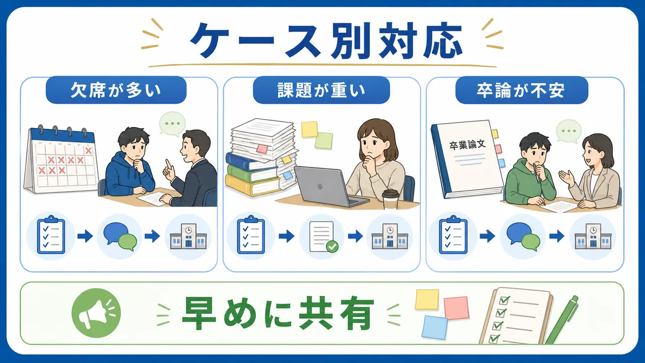 留年不安のケース別対応を欠席、課題、卒論に分ける図