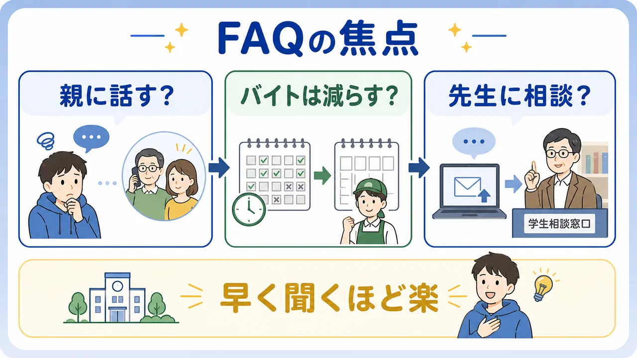 留年不安でよくある質問を親、アルバイト、先生への相談に分ける図