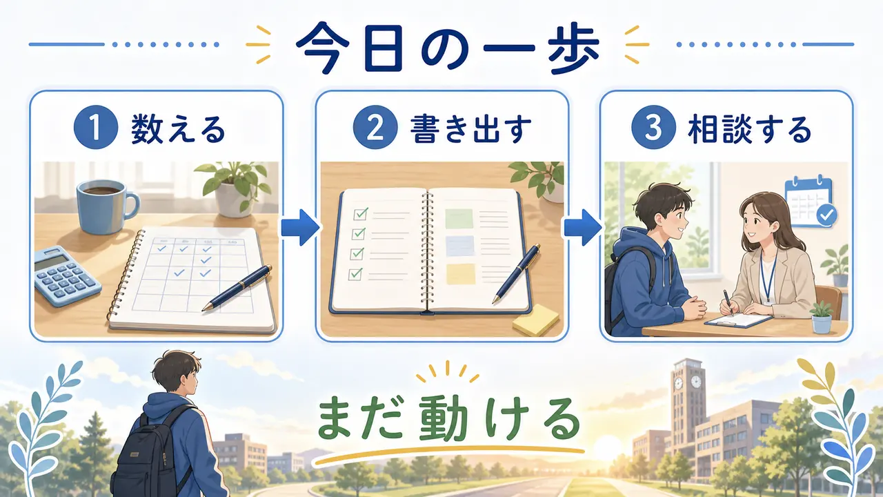 留年不安を数える、書き出す、相談するの3ステップにまとめる図