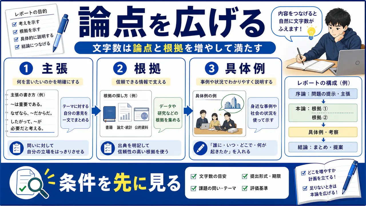 レポートの主張、根拠、具体例を増やす流れを示す図