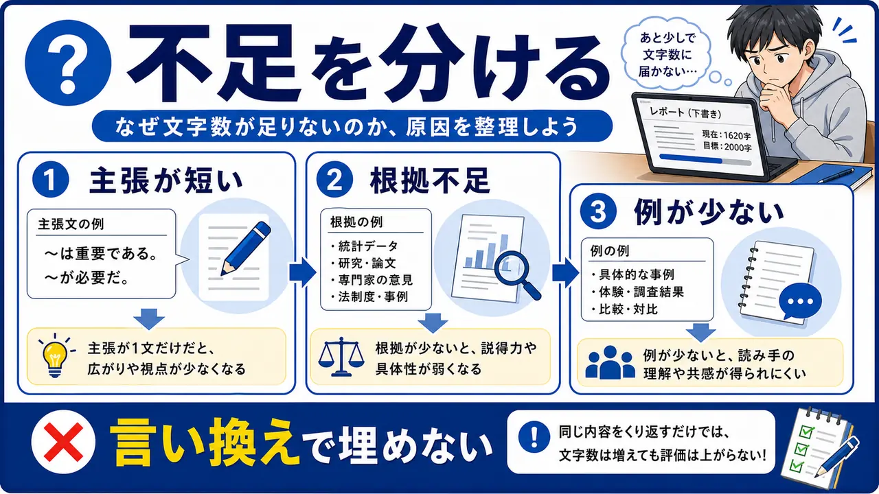 主張、根拠、具体例、引用の不足を分ける図