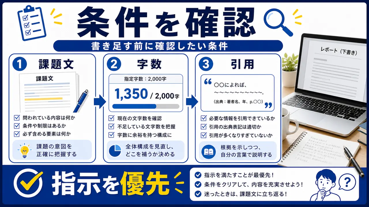 課題文、字数、引用、評価条件を確認する図