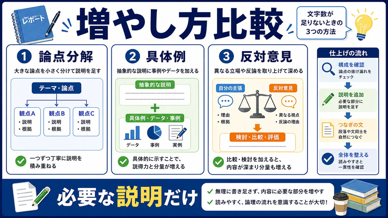 論点分解、具体例、反対意見、授業資料を比べる図